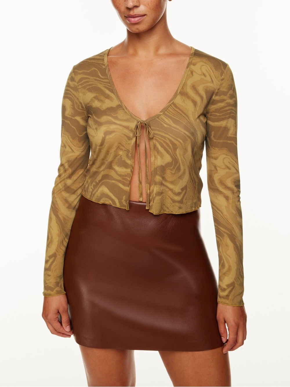 Wilfred Sheer Tie-Front Long Sleeve Top in Copper Marble